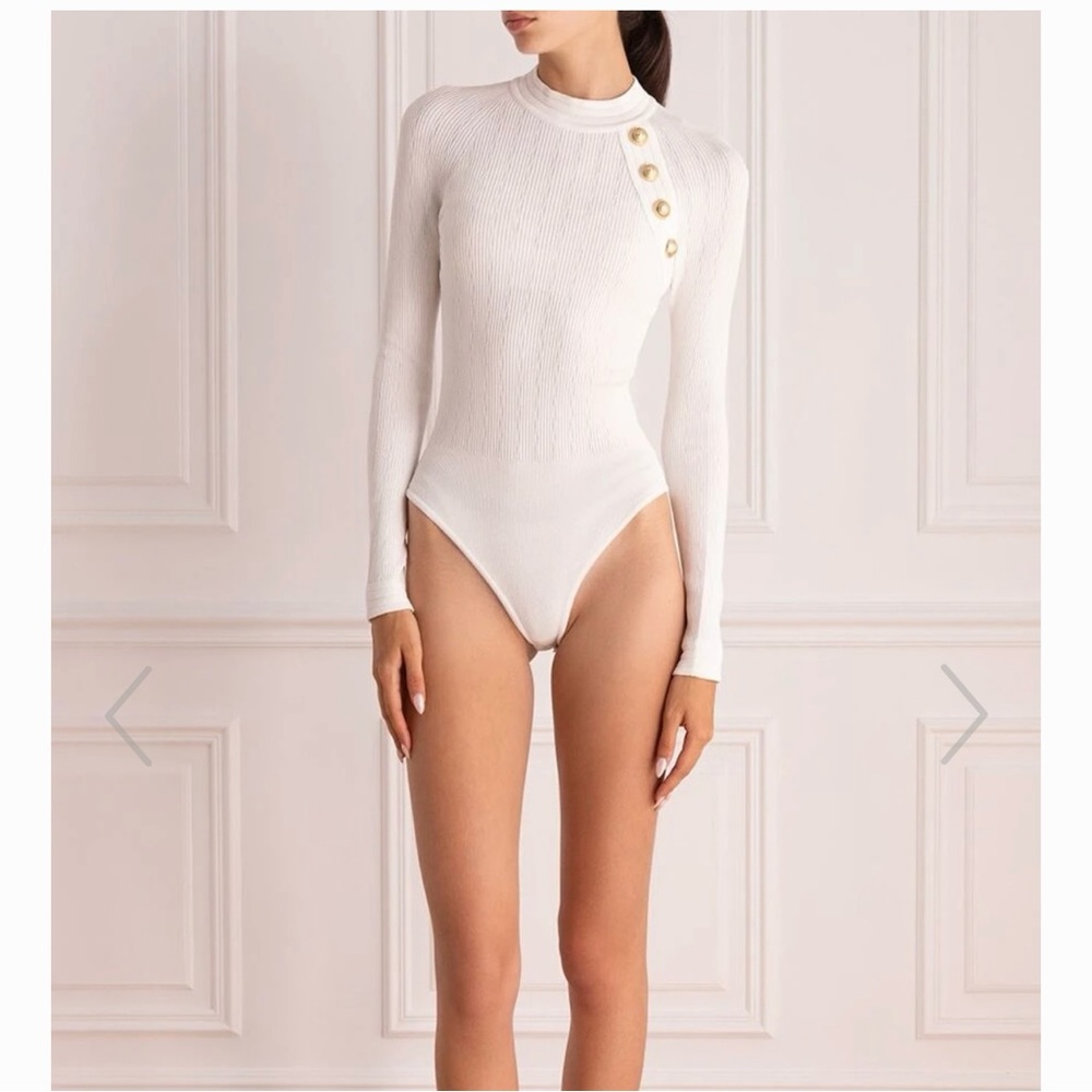 Balmain Chic White Ribbed Sweater Bodysuit with Gold Buttons NEW WITH TAGS!